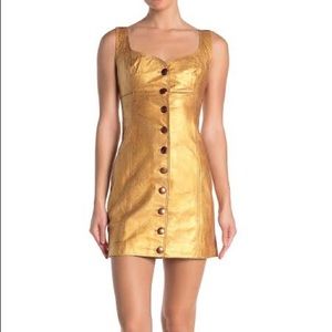 NWT Free People Goldie 100% Leather Mini Dress Gold